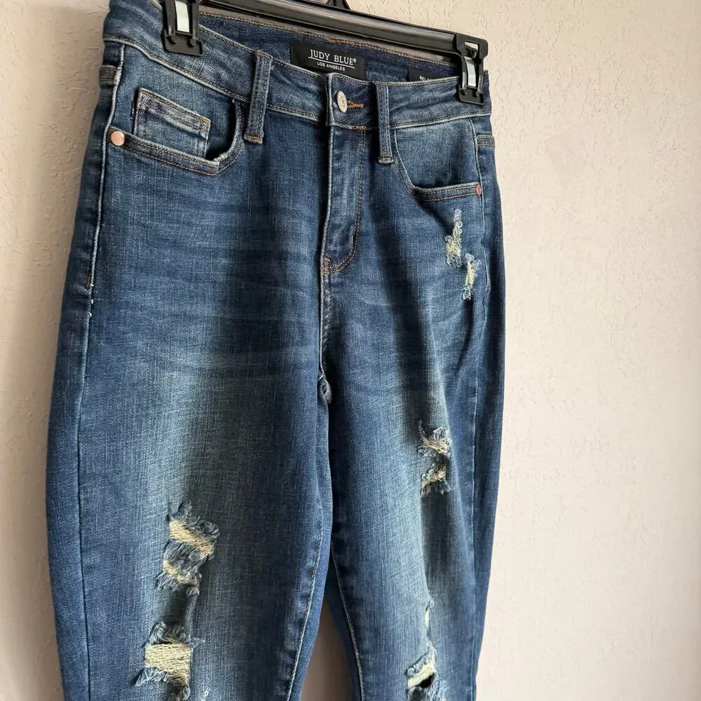 Judy Blue Dark Wash Distressed Raw Hem Relaxed Fit Skinny Jeans Womens 25
